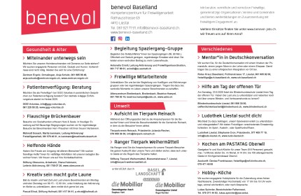 Stellenanzeiger von benevol Baselland in der Basellandschaftlichen Zeitung mit vielfältigen Freiwilligen-Einsätzen