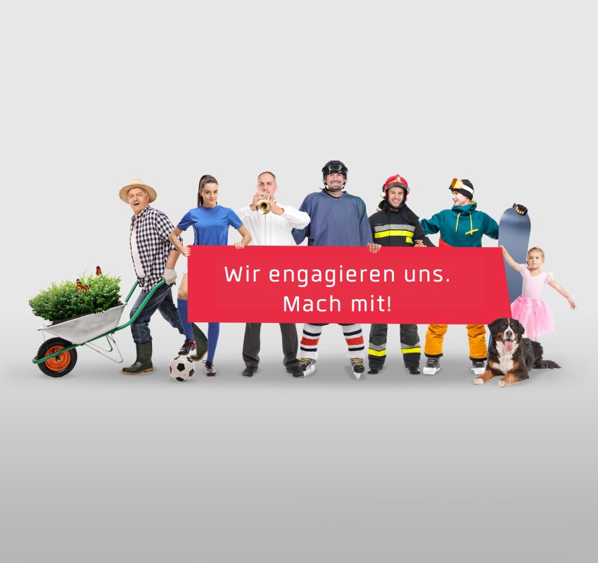Verschiedene Personen mit Hobby- und Arbeitsutensilien halten Banner mit Aufschrift «Wir engagieren uns. Mach mit!»