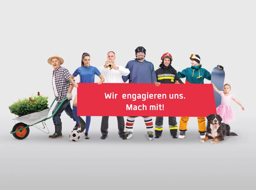 Verschiedene Personen mit Hobby- und Arbeitsutensilien halten Banner mit Aufschrift «Wir engagieren uns. Mach mit!»