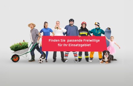 Verschiedene Personen halten Banner «Finden Sie passende Freiwillige für Ihr Einsatzgebiet» – Hinweis auf benevol-jobs