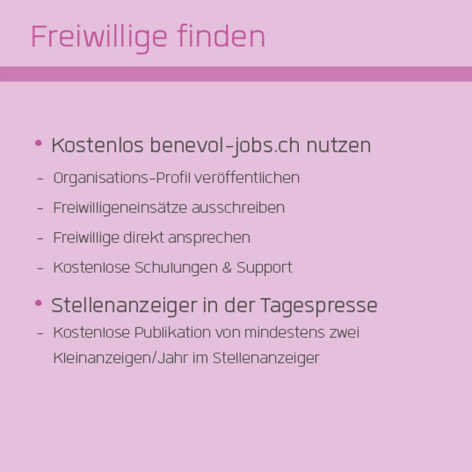 Info-Grafik «Freiwillige finden» mit Angeboten von benevol Baselland