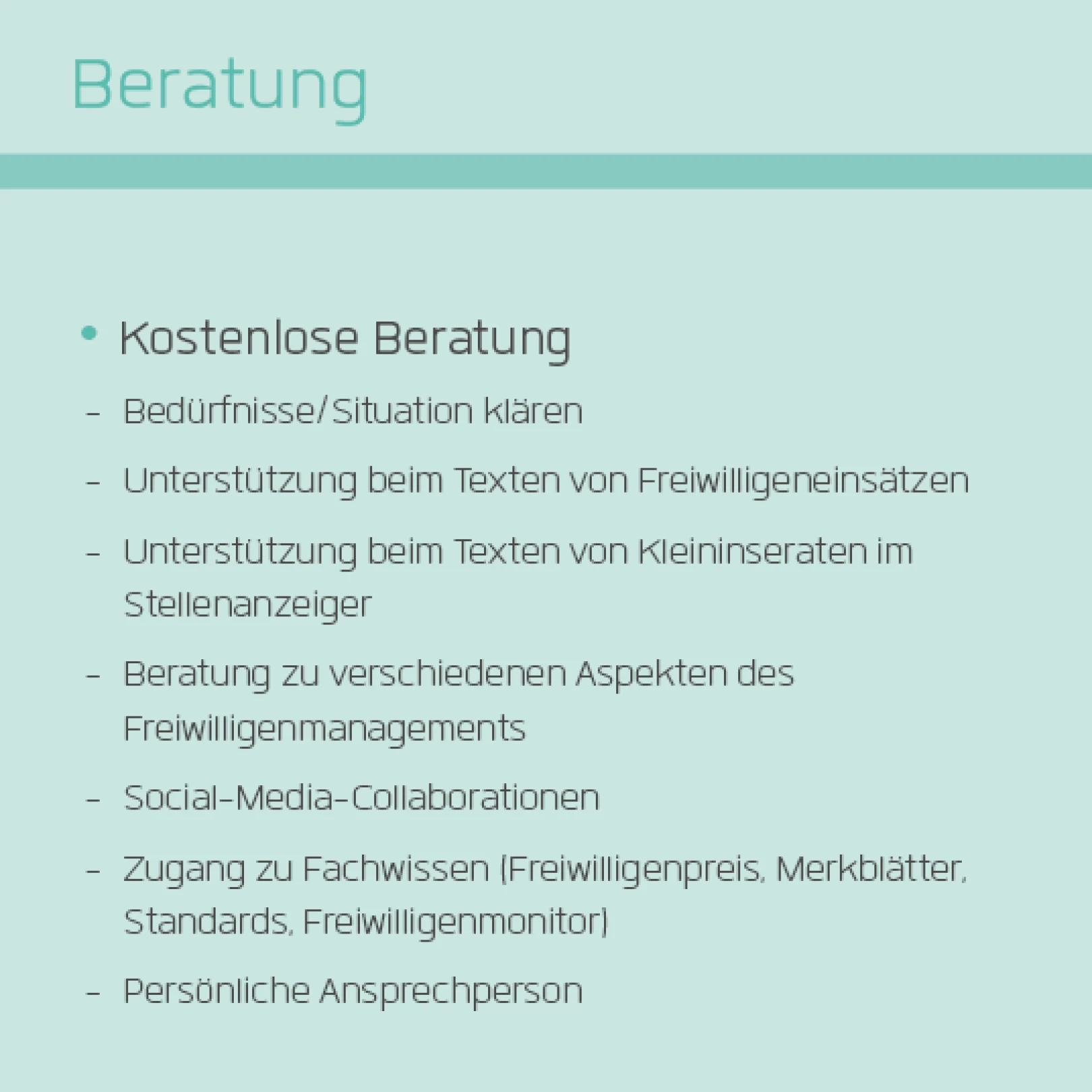 Info-Grafik «Beratung» mit Leistungen von benevol Baselland