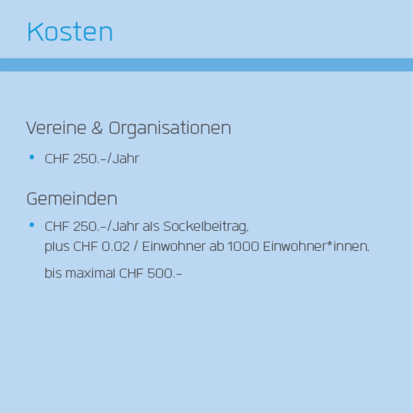 Kostenübersicht für Partnerschaft bei benevol Baselland für Vereine, Organisationen und Gemeinden